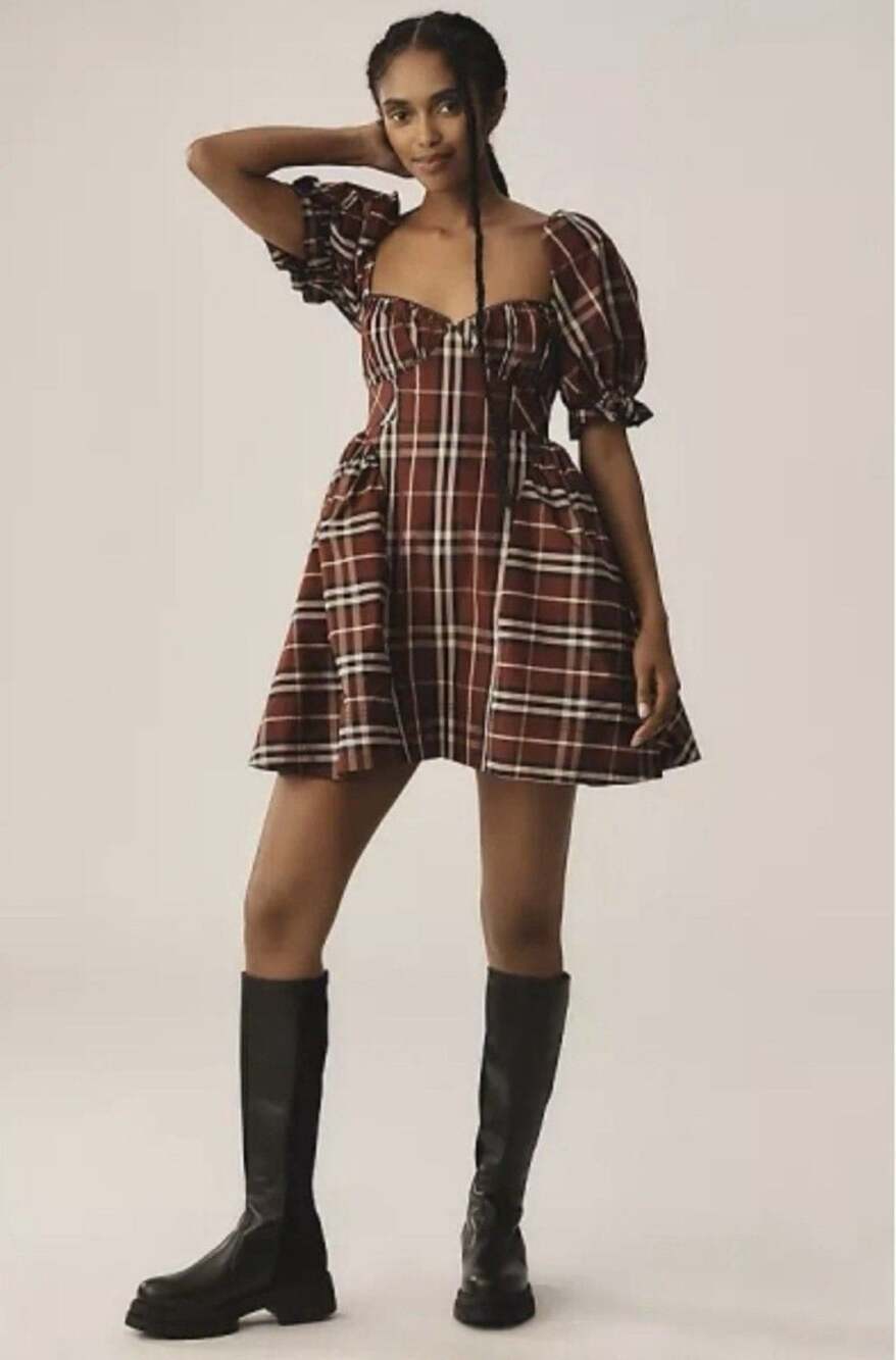 Maeve Anthropologie Red Tartan Plaid Puff Sleeve Mini Dress